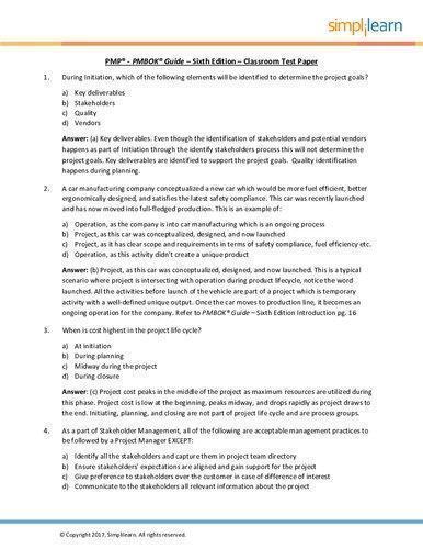 Pmp Pmbok Guide Sixth Classroom Test Paper Questions And Answersn